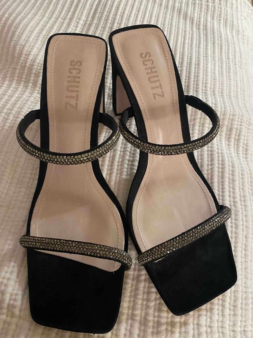 SCHUTZ Black Crystal-Trim Double Strap Heeled Sandals